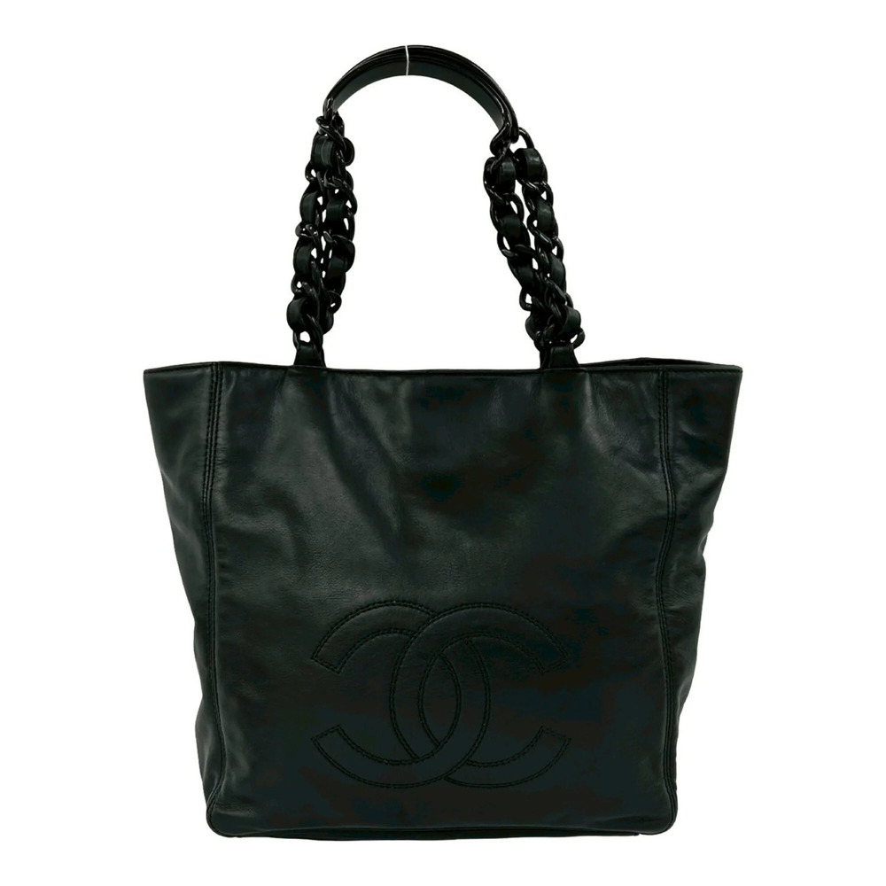 CHANEL Black Lambskin Leather Logo Bag